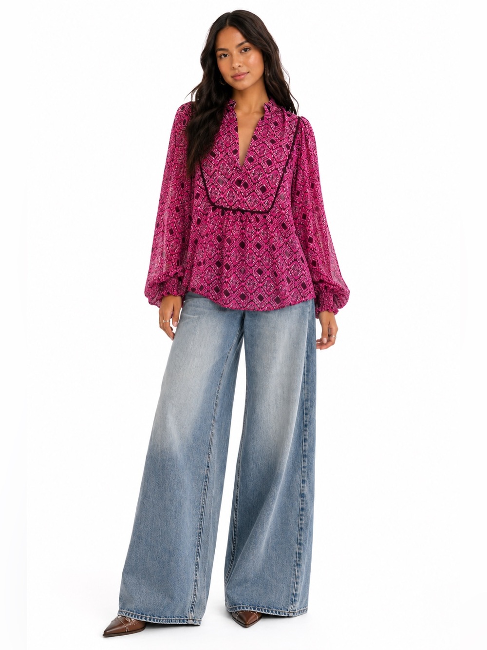 Umgee‎ Pink Geometric Boho Blouse Metallic Thread V Neck Peasant Top Medium